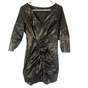 Zara Black Fitted Faux Leather V-Neck Ruched Bodycon Dress Women Sz M